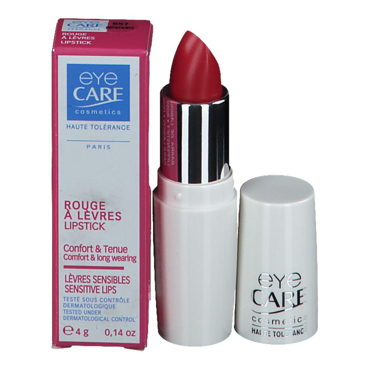 Rouge à lèvres rouge dans un étui blanc avec capuchon retiré. À côté, un emballage. "Eye Care" est écrit sur l'emballage.