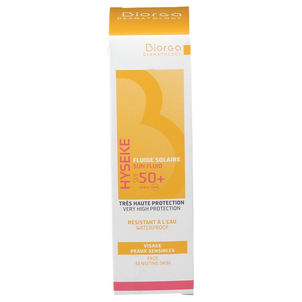 Emballage du produit debout. Design jaune-orange avec informations sur le produit et la marque.