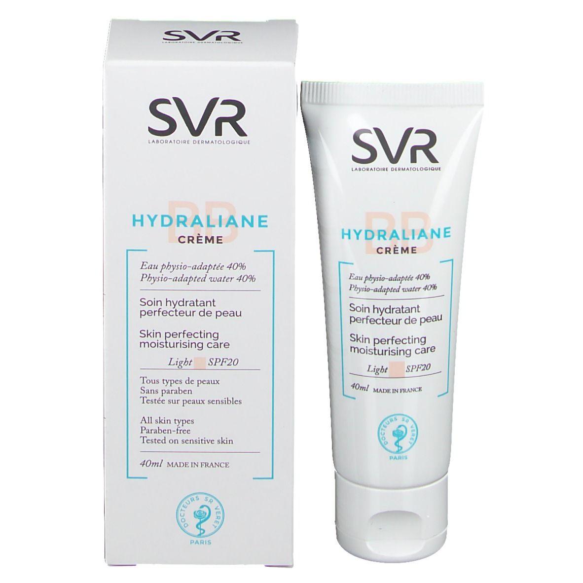 Boîte et tube SVR HYDRALIANE CRÈME, SPF20, 40ml. Inscriptions en français. Boîte blanche.