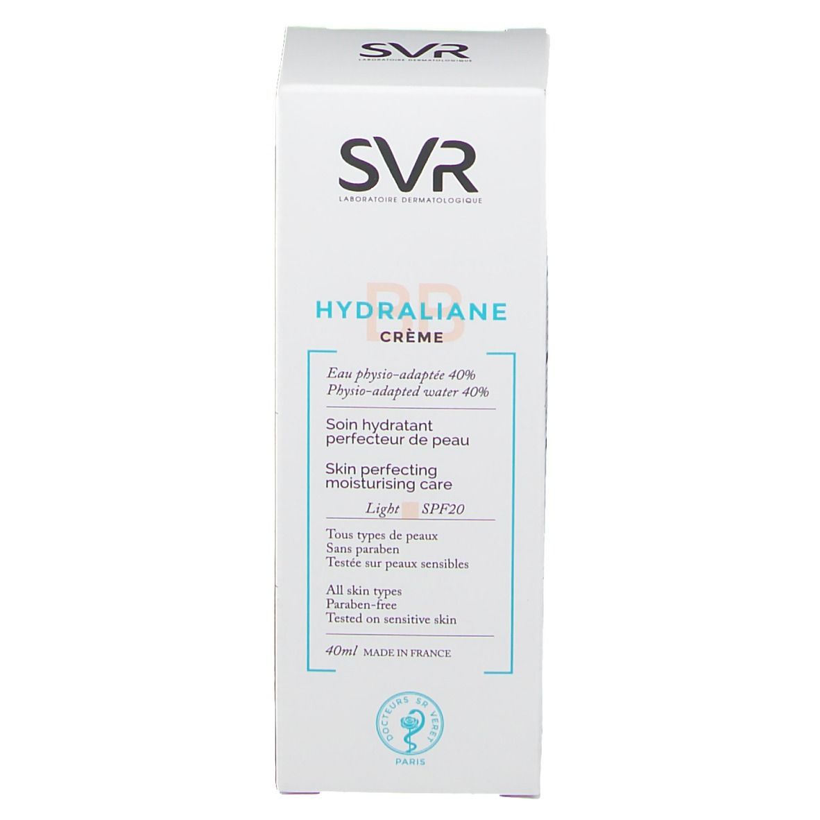 Boîte blanche SVR HYDRALIANE CRÈME, SPF20, 40ml. Inscriptions en français.