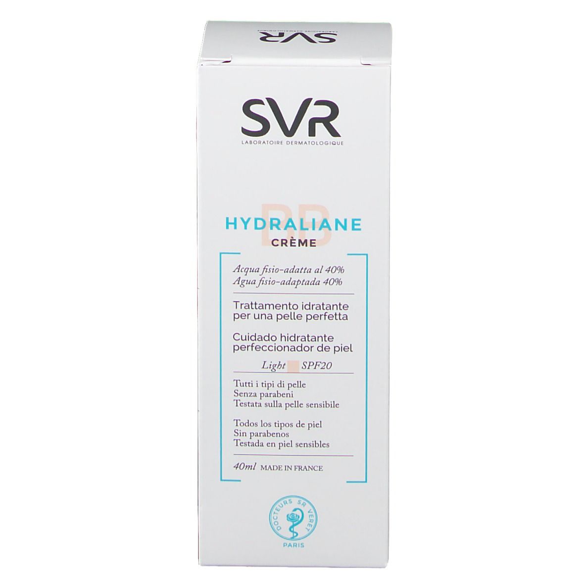 Face avant de la boîte. SVR HYDRALIANE CRÈME, SPF20, 40ml. Inscriptions en italien.