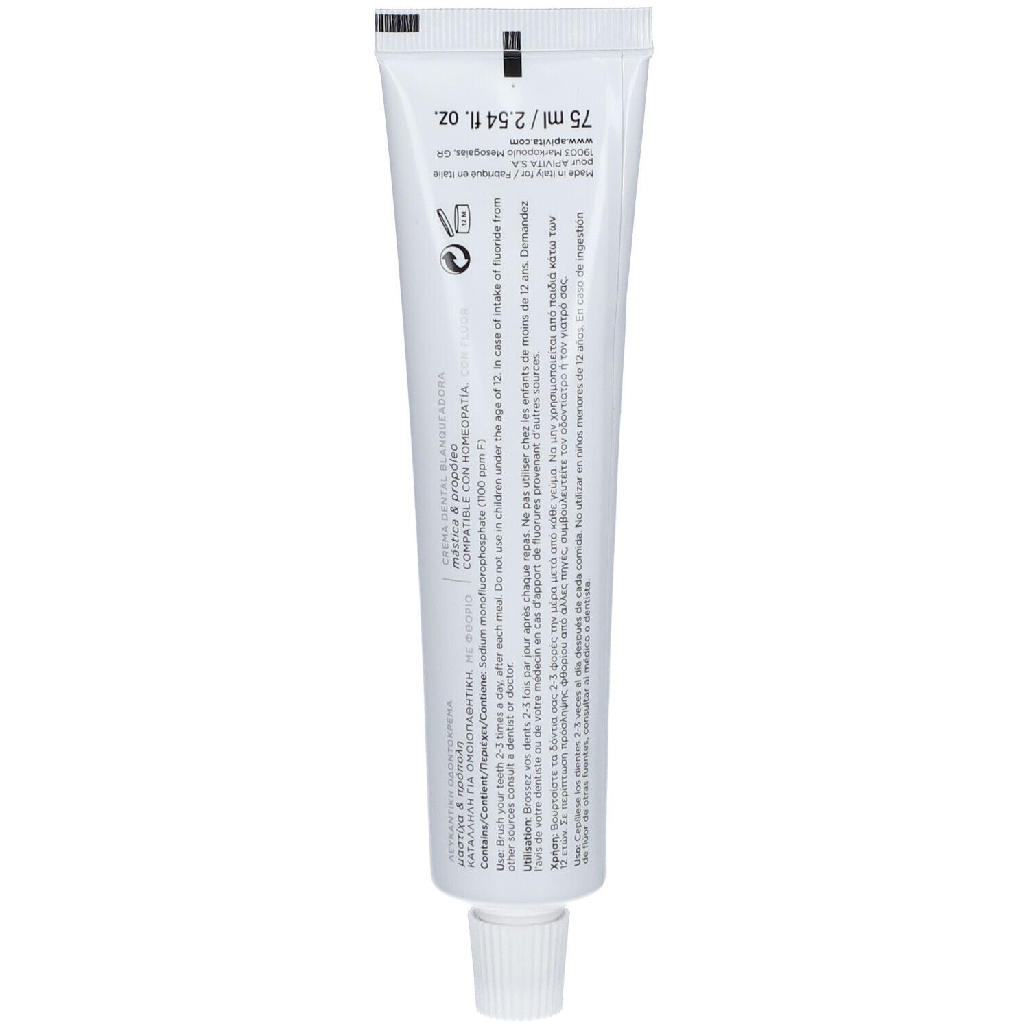 Tube blanc avec inscription noire, 75 ml. Contient du fluorure et compatible avec l'homéopathie.