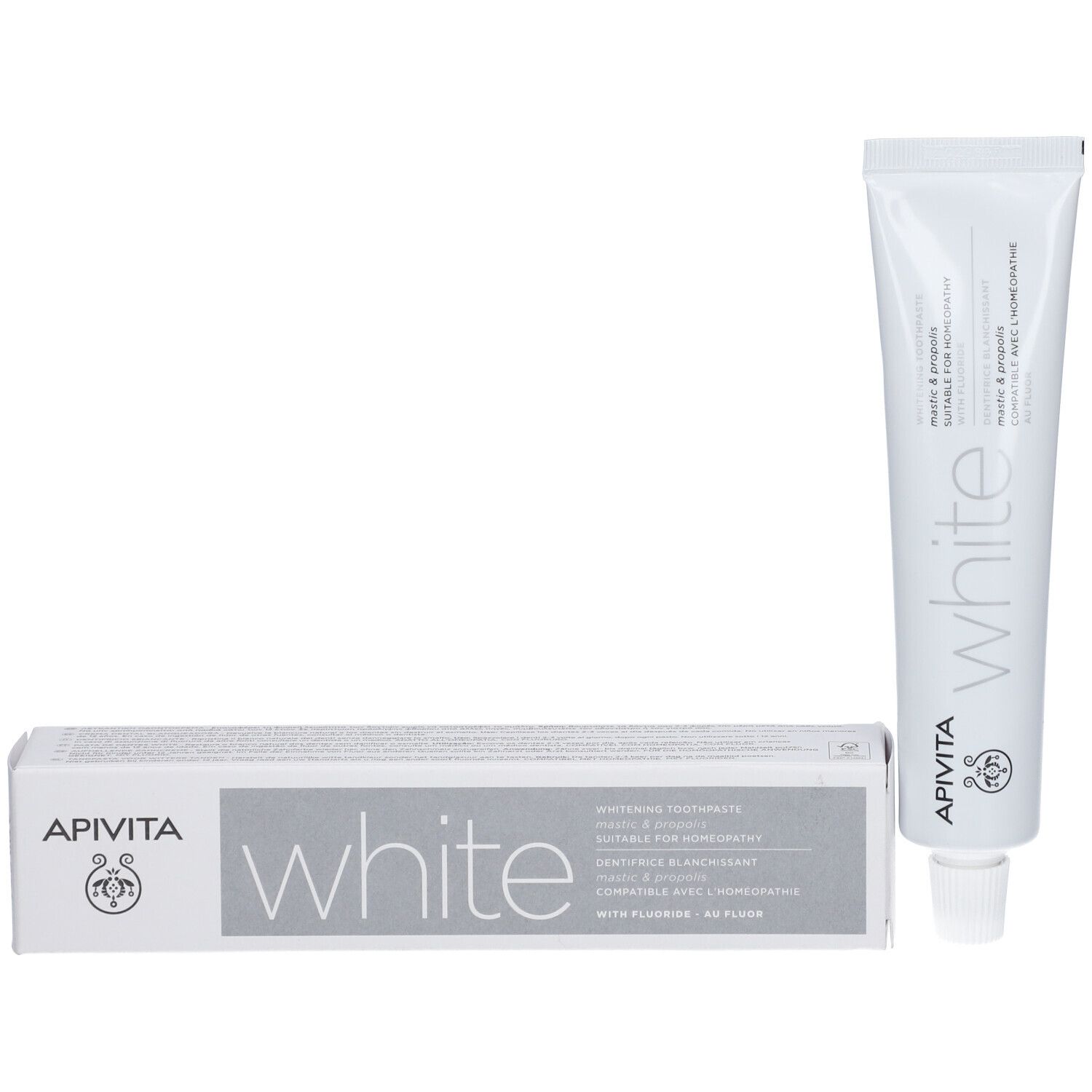 Dentifrice APIVITA White en tube et boîte blancs. Whitening Toothpaste.