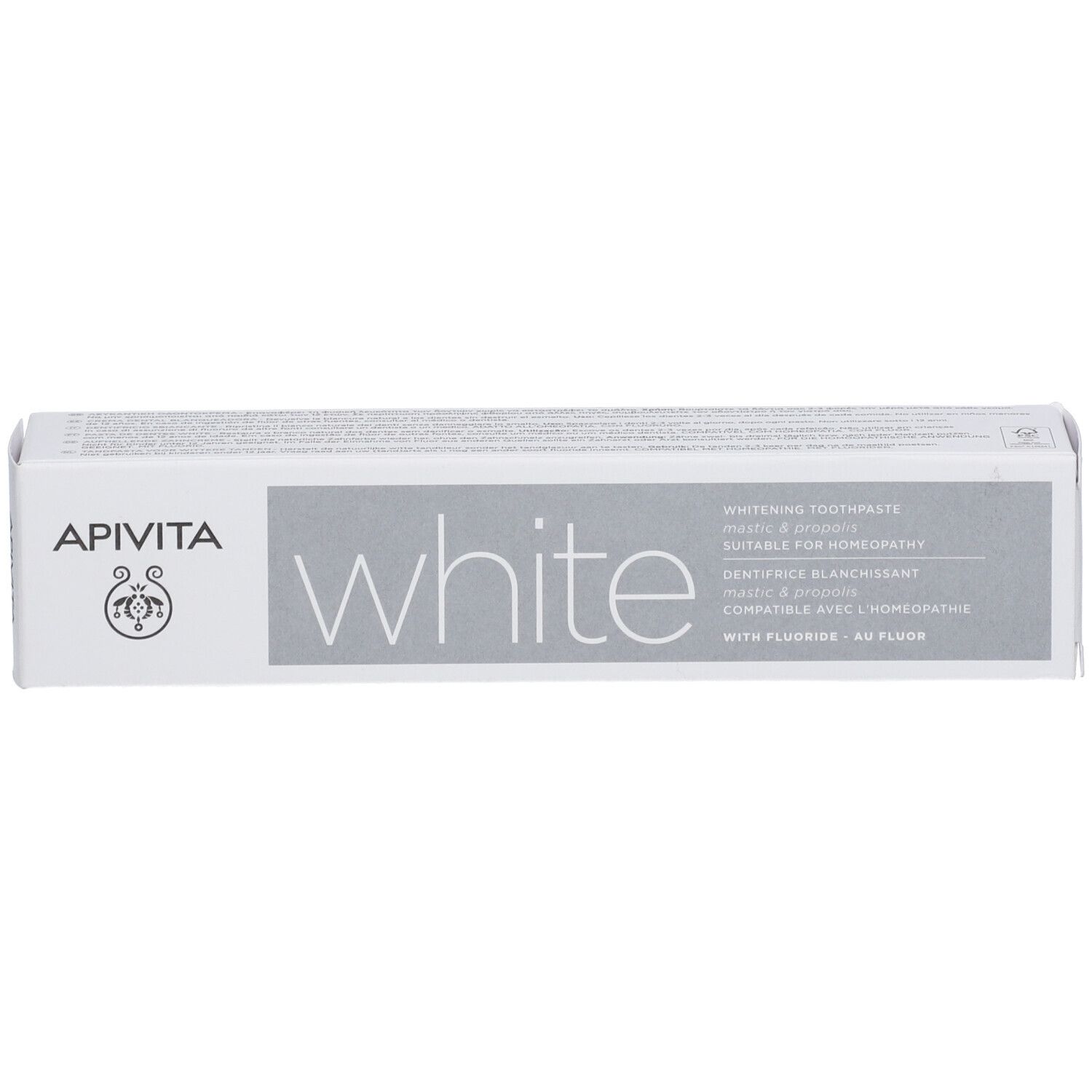 Boîte de dentifrice blanchissant APIVITA White. Convient à l'homéopathie. Avec fluorure.