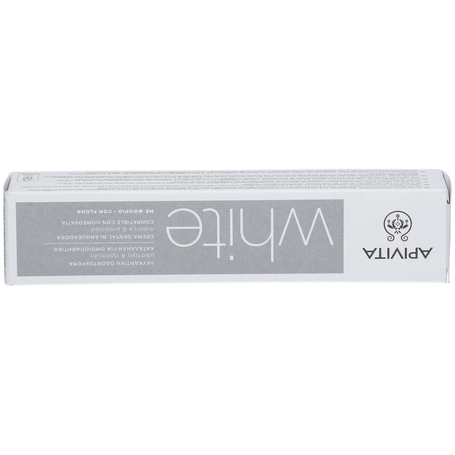 Boîte de dentifrice API VITA, blanche avec inscription 'white'.
