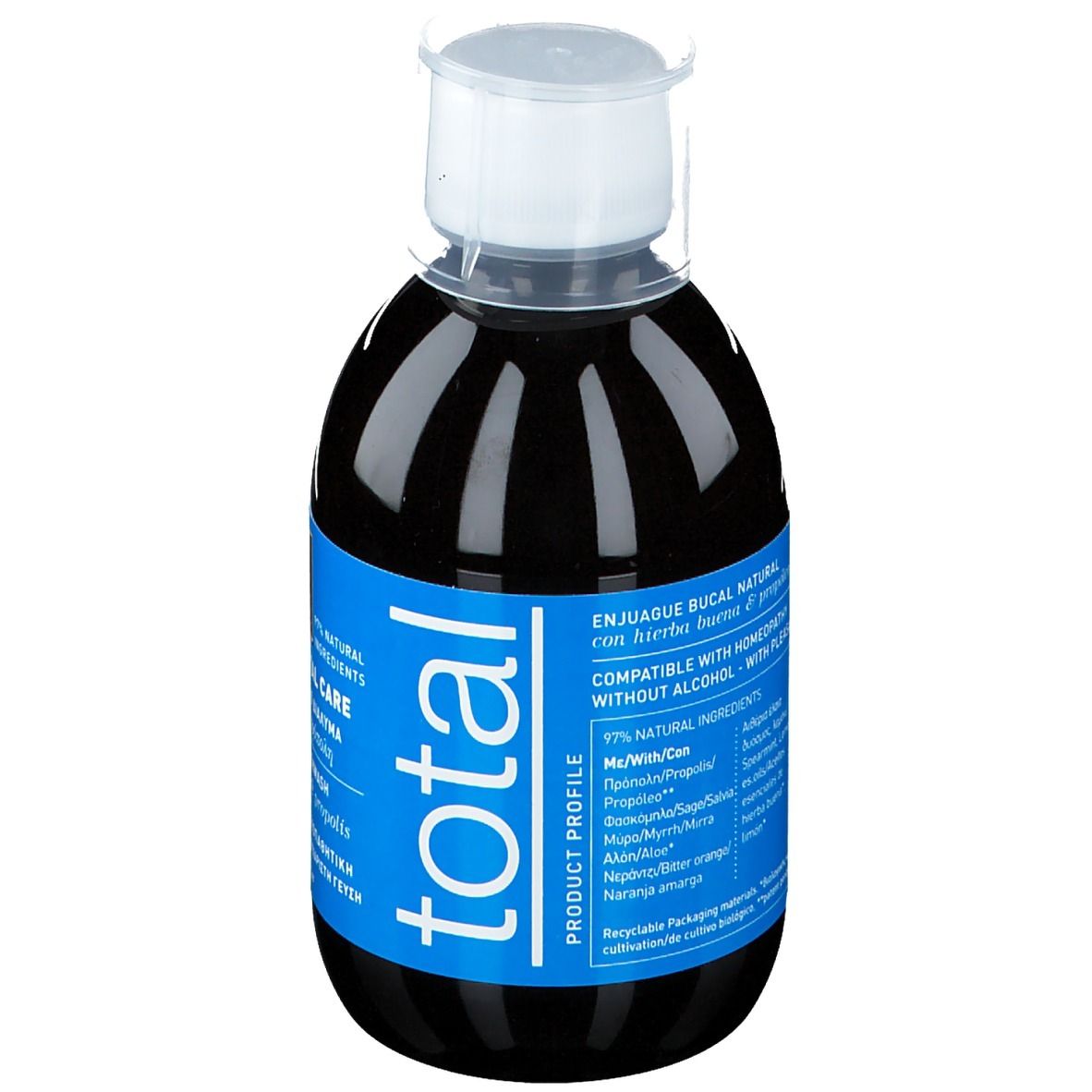 Liquide foncé en bouteille avec étiquette bleue. Inscription: Bain de bouche aux herbes, sans alcool, compatible homéopathie.