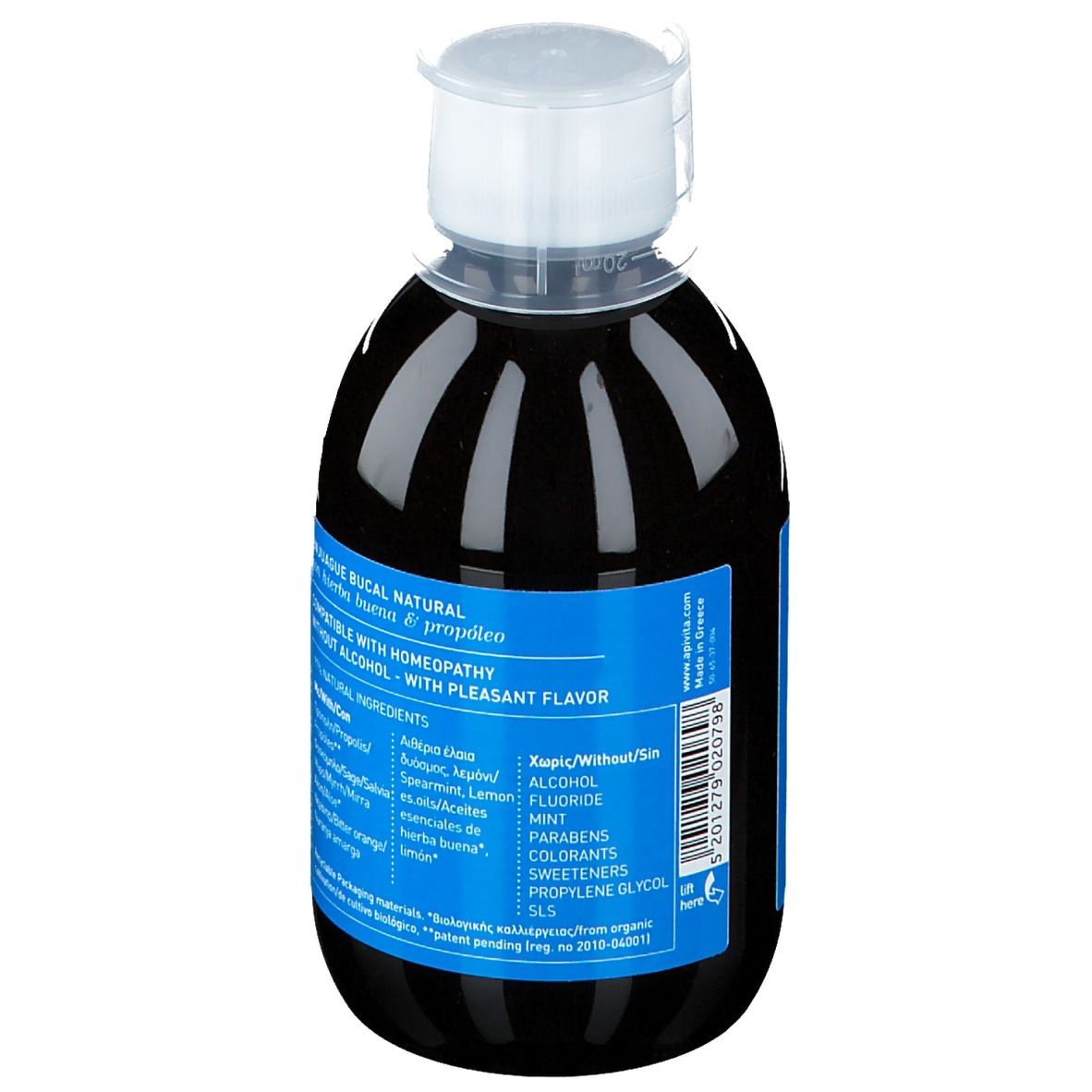 Vue arrière d'une bouteille de liquide foncé avec une étiquette bleue. Inscription: Ingrédients, sans alcool, avec saveur agréable.
