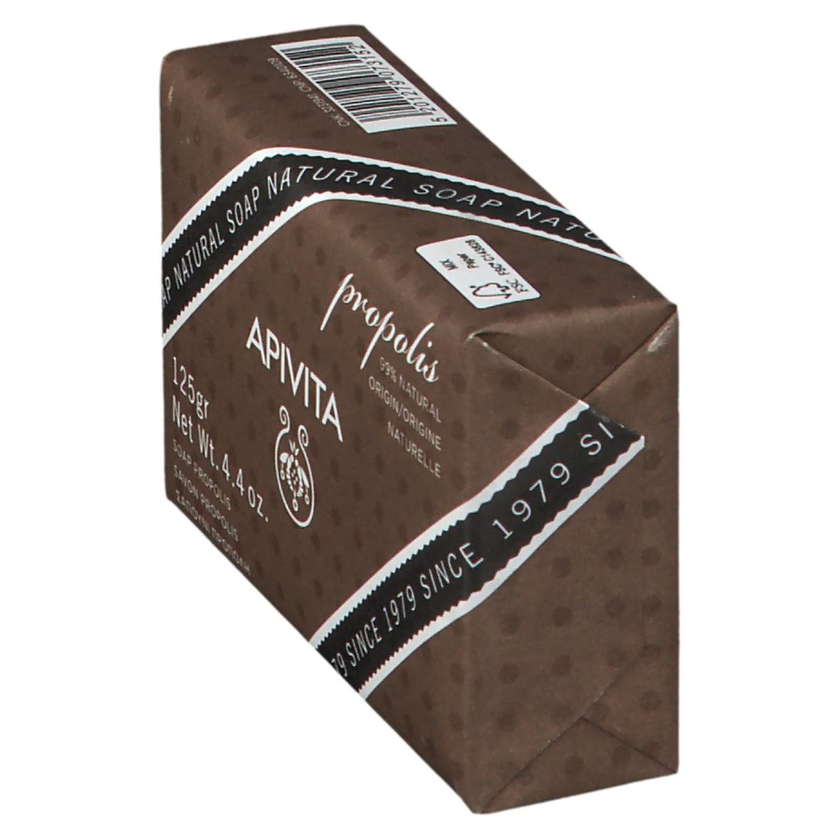Savon API VITA à la propolis, 125g. Emballage brun avec informations produit.
