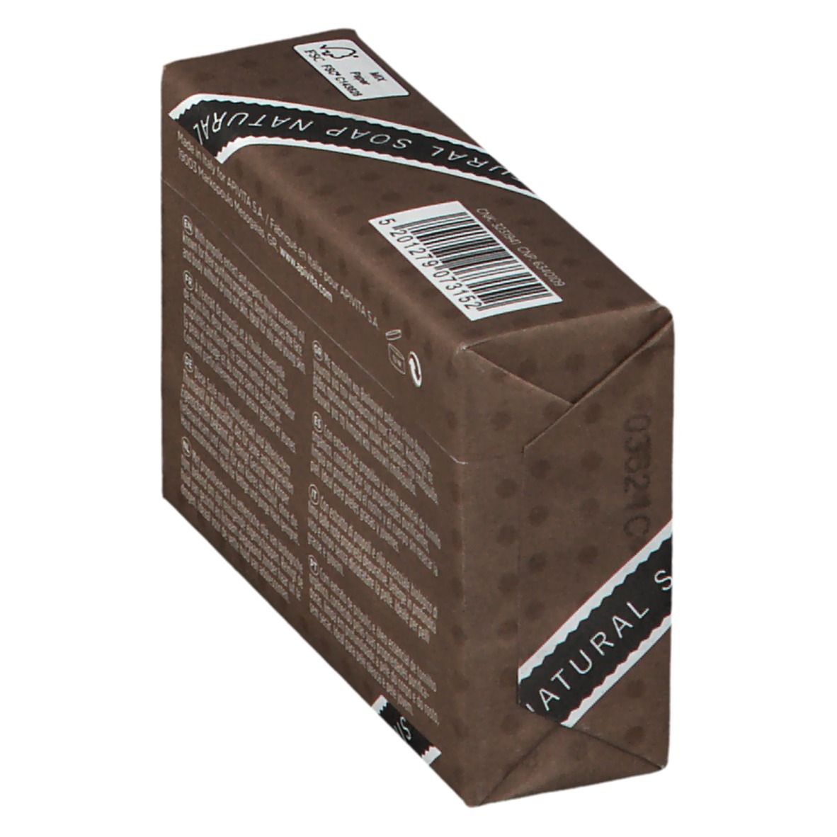 Emballage brun de savon avec inscription 'NATURAL SOAP'.