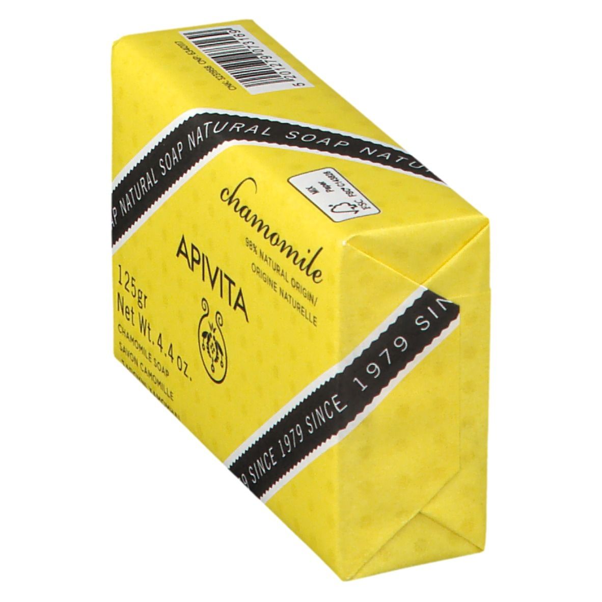 Savon API VITA à la camomille, 125g, origine 98% naturelle, emballage jaune.