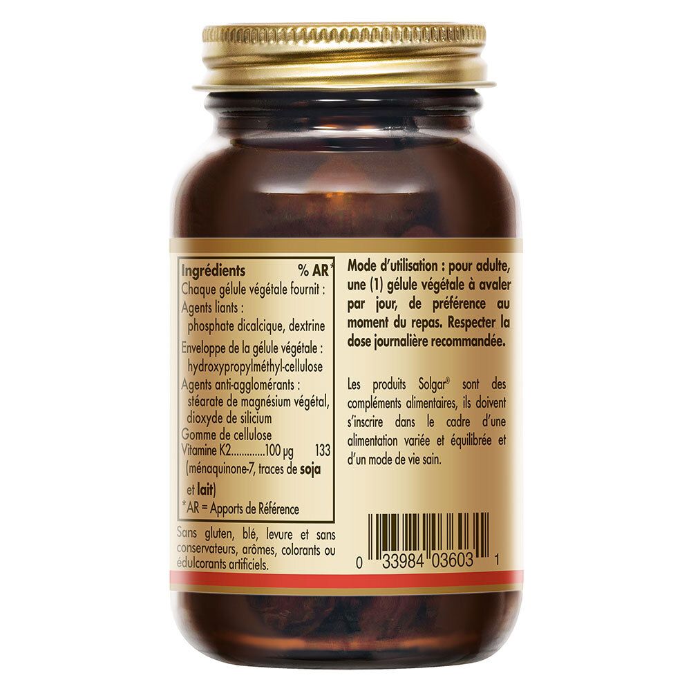 Dos du flacon. Texte: ingrédients, mode d'emploi, code-barres. Marque Solgar.