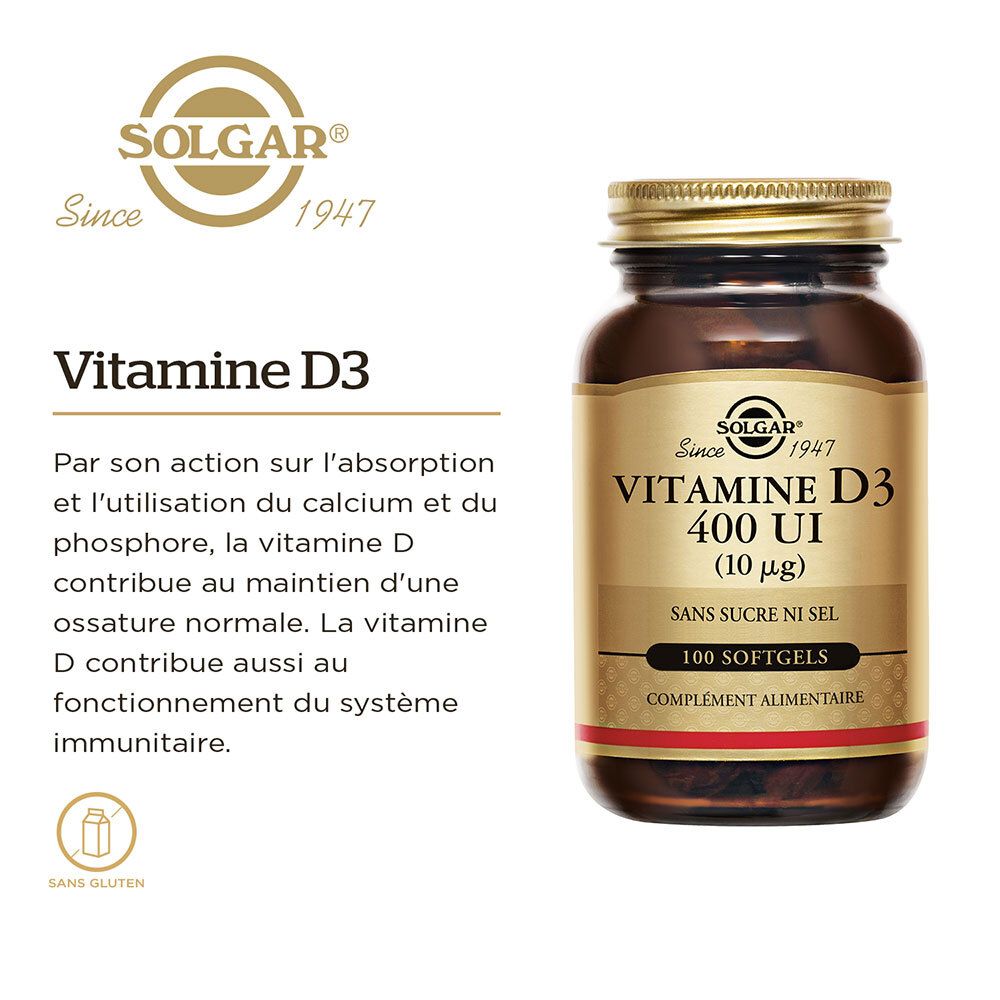 Flacon avec étiquette. Texte : "Vitamine D3 400 UI". Logo et texte sur les bienfaits de la vitamine D.