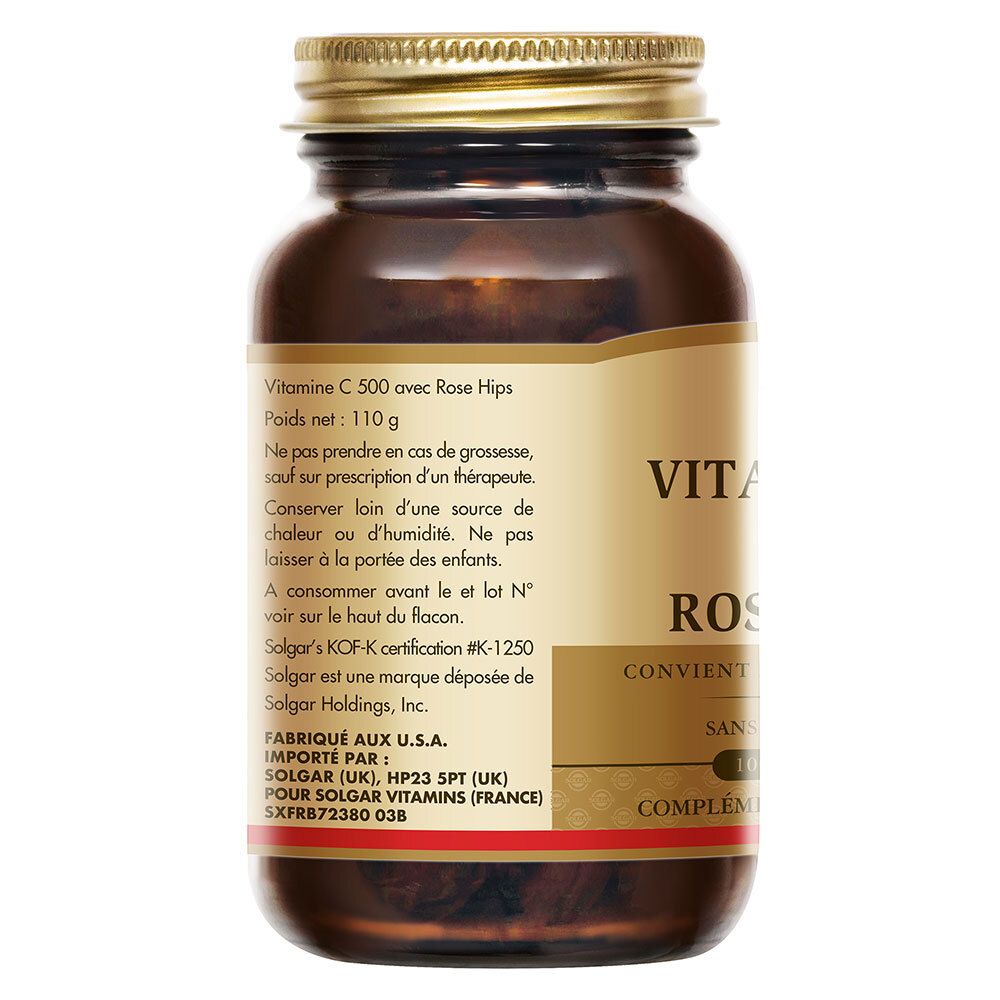 Dos du flacon en verre brun. Étiquette avec informations sur le produit, ingrédients, coordonnées du fabricant et certifications.