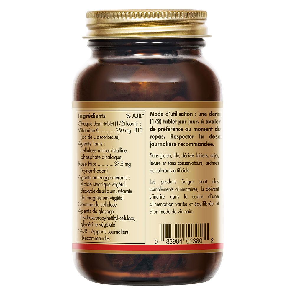 Dos du flacon en verre brun. Étiquette avec ingrédients, mode d'emploi et informations nutritionnelles. Code-barres en bas.