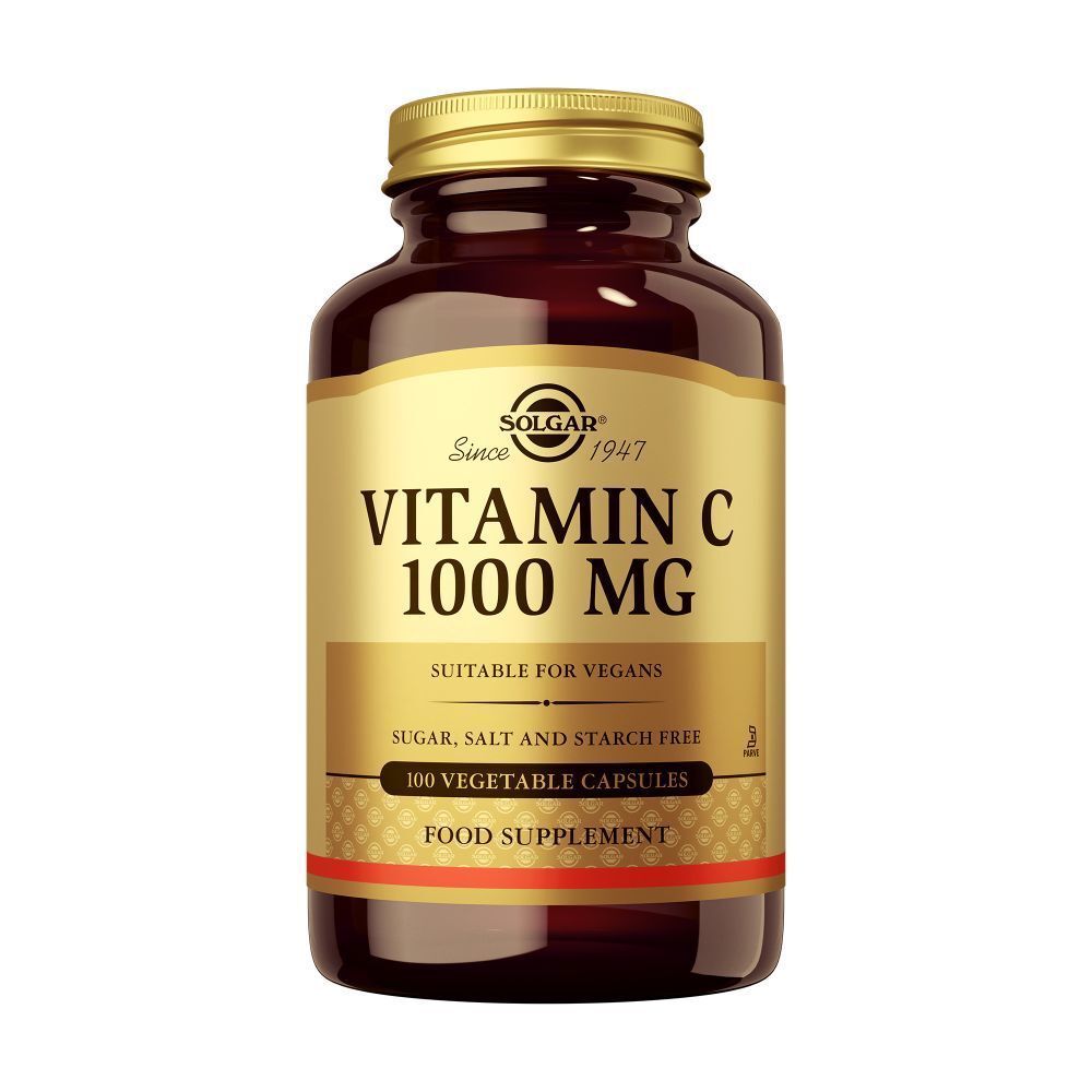 Flacon en verre brun Solgar Vitamine C 1000 MG. Convient aux végétaliens. 100 gélules végétales. Bouchon doré.