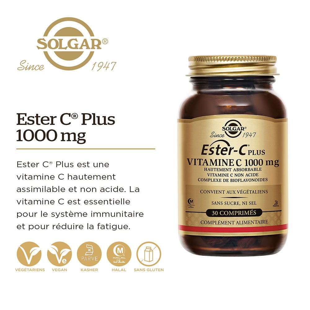 Flacon de produit avec étiquette. Contient le nom du produit et les détails: Ester-C Plus 1000 mg. Avec logos.