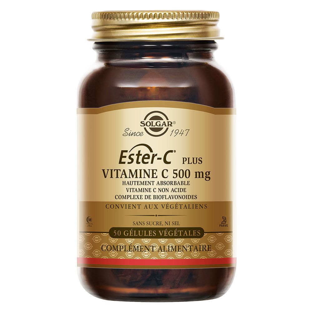 Flacon en verre brun, bouchon doré. Étiquette avec Ester-C Plus Vitamine C 500 mg. 50 gélules.