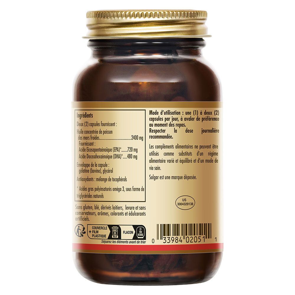 Dos du flacon avec ingrédients et dosage. Texte en français. Marque Solgar.