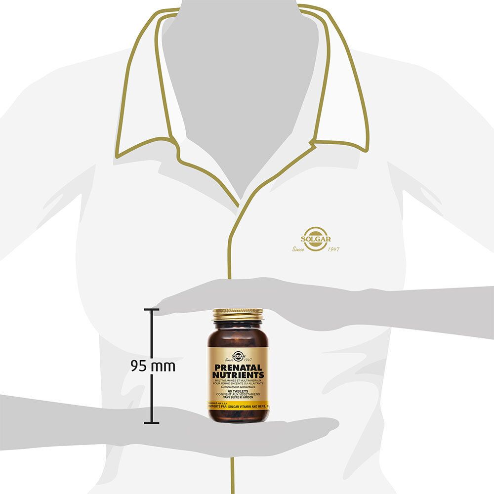 Flacon brun avec couvercle doré. Inscription: Solgar Prenatal Nutrients. 95 mm de haut. Tenue par des mains.