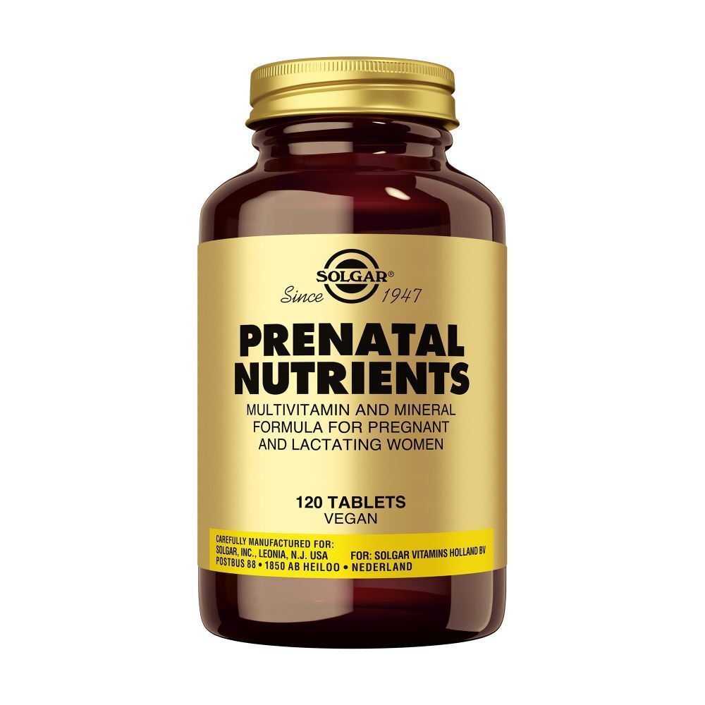 Flacon brun avec bouchon doré. Étiquette : "SOLGAR Prenatal Nutrients". 120 comprimés, végétalien.