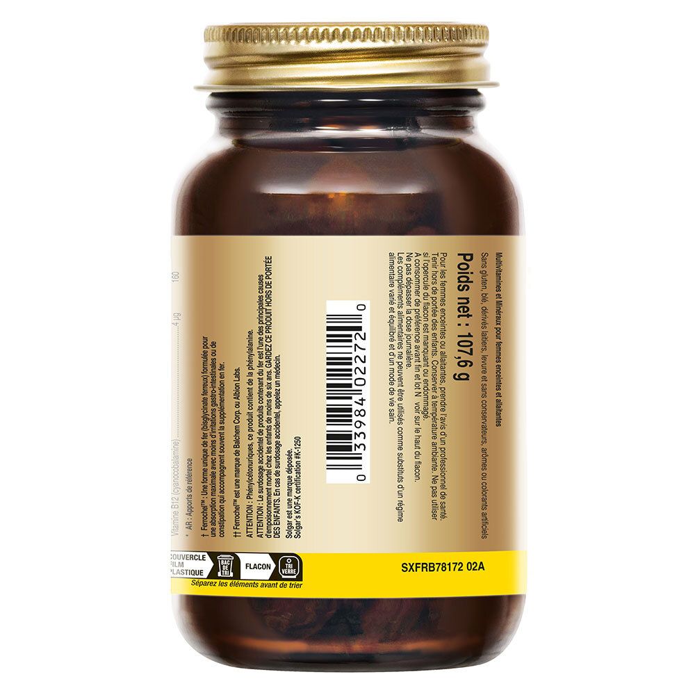 Dos d'un flacon brun avec bouchon doré. Étiquette avec informations et code-barres.