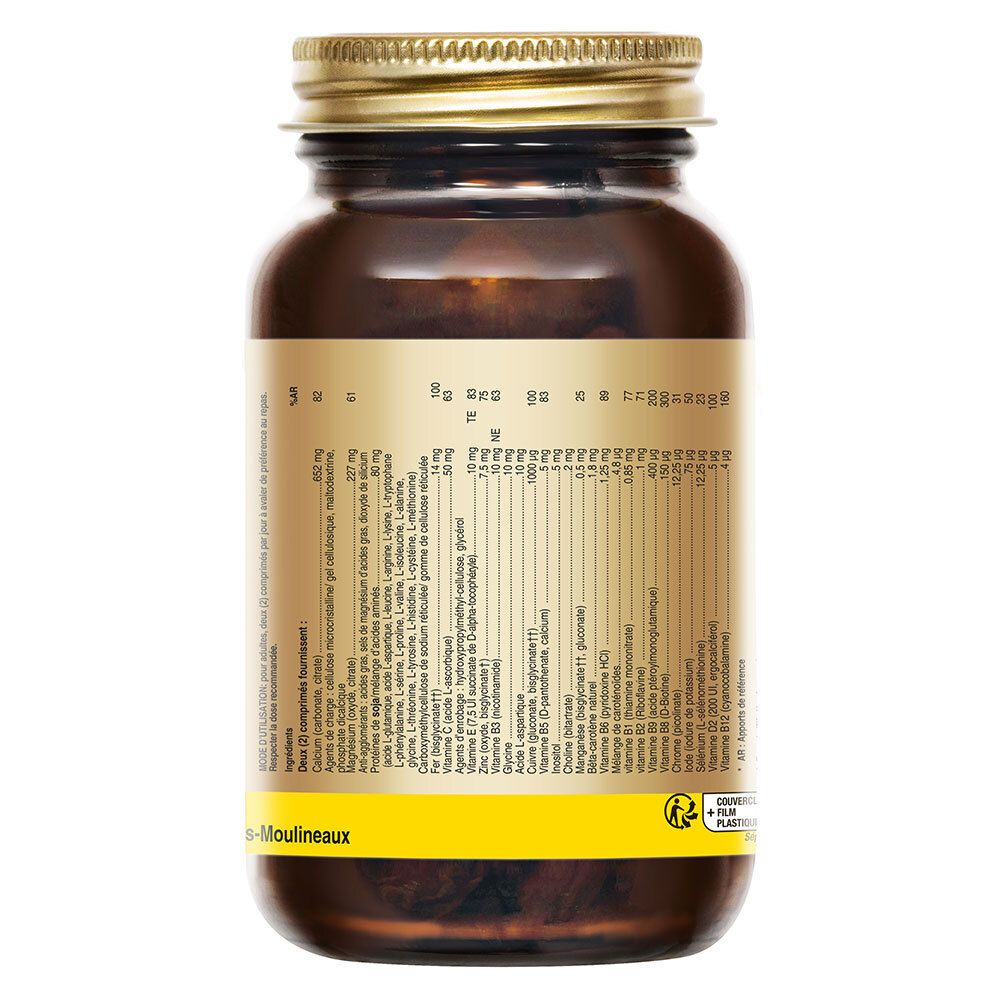 Dos d'un flacon brun avec bouchon doré. Étiquette avec informations nutritionnelles et ingrédients.