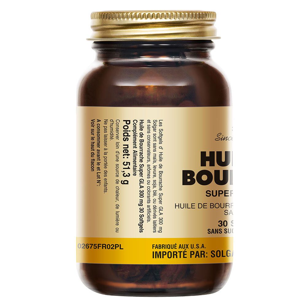 Dos du flacon. Étiquette avec informations produit. Texte : Huile de Bourrache Super GLA 300 mg, 30 gélules. Poids net : 51,3 g.