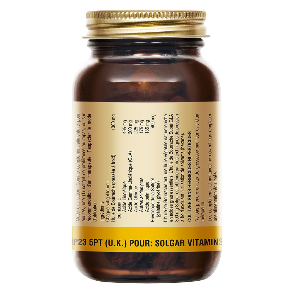 Dos du flacon. Étiquette avec ingrédients et informations nutritionnelles. Texte : Huile de Bourrache Super GLA 300 mg.