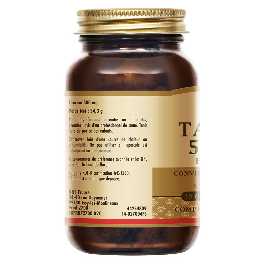 Dos du flacon. Étiquette avec informations sur la taurine, le poids, les ingrédients et l'adresse du fabricant.