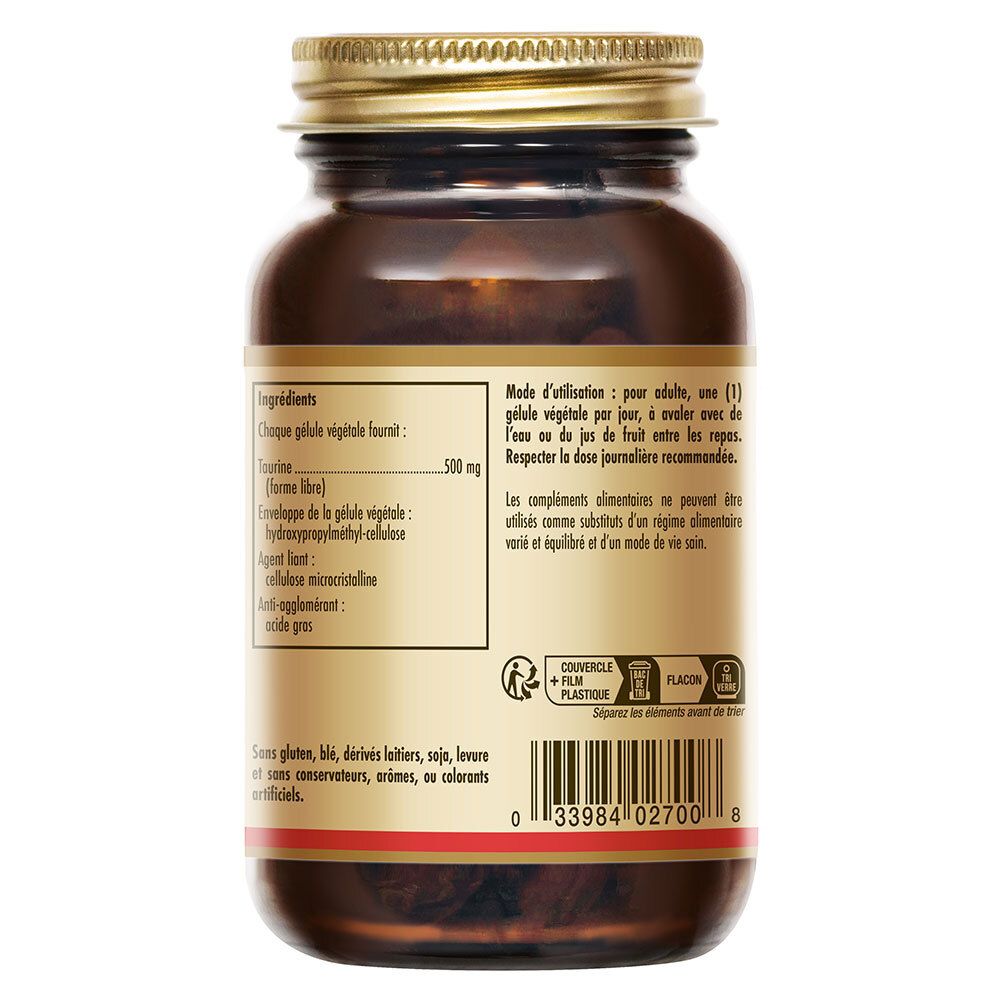 Dos du flacon. Étiquette avec ingrédients, recommandation de dosage et avertissements.