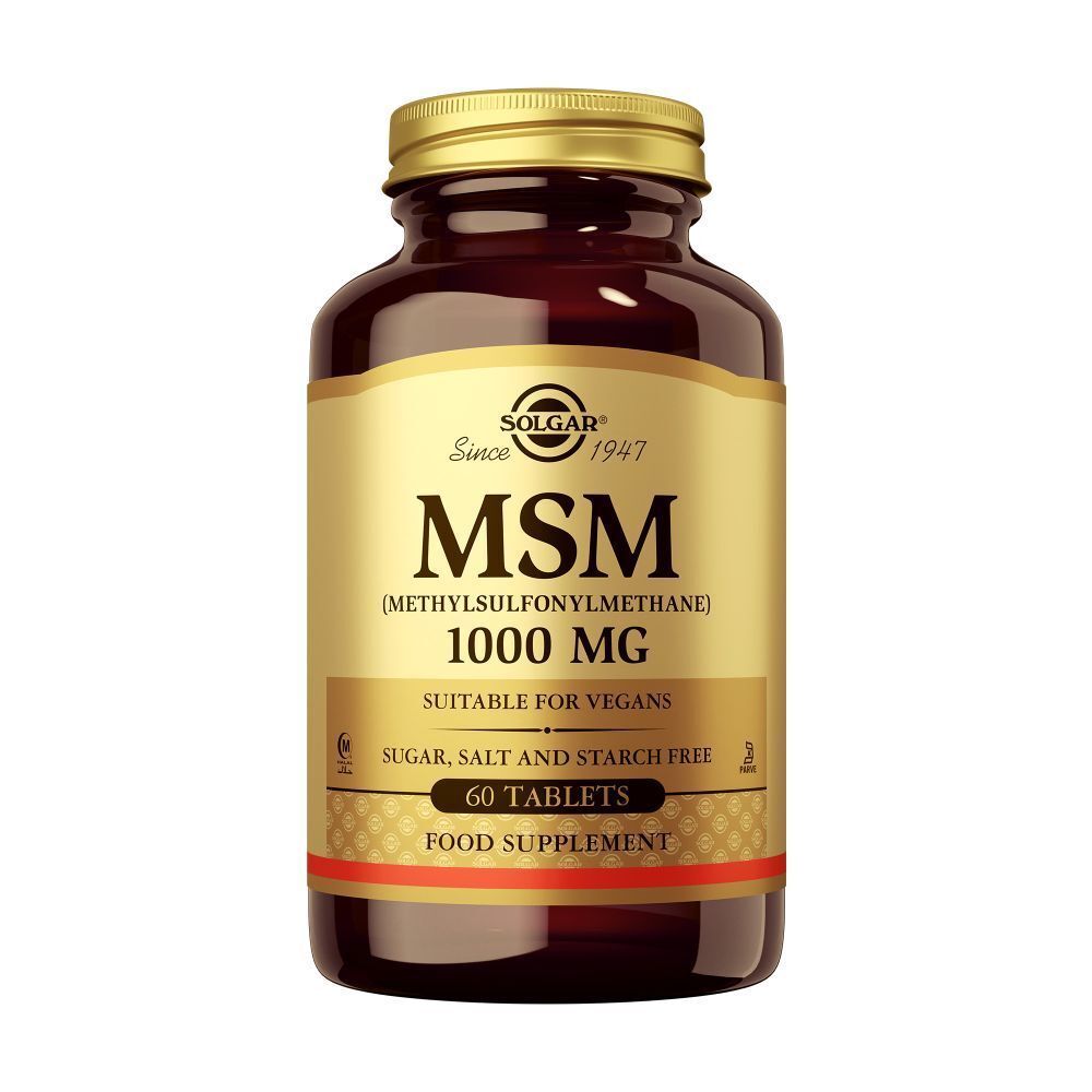 Flacon brun, bouchon doré. Étiquette Solgar MSM 1000 mg, 60 comprimés. Convient aux végétaliens.