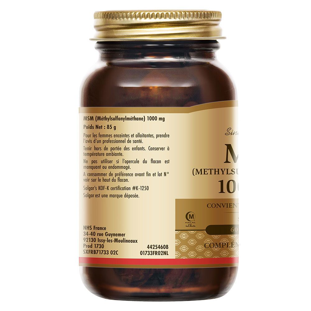 Dos de la bouteille. Ingrédients, posologie, avertissements. Marque Solgar, certification KOF-K.