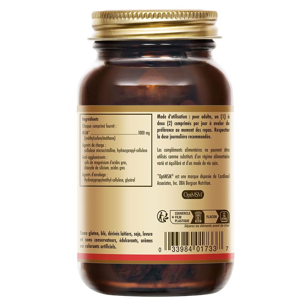 Dos de la bouteille. Ingrédients, posologie, avertissements. Marque Solgar, certification KOF-K.