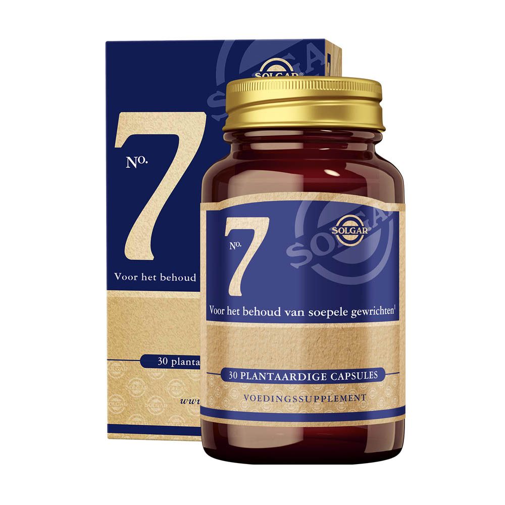 Flacon en verre brun avec bouchon doré et étiquette. L'étiquette porte le numéro 7 et le nom de la marque SOLGAR. À côté, une boîte avec le numéro 7.