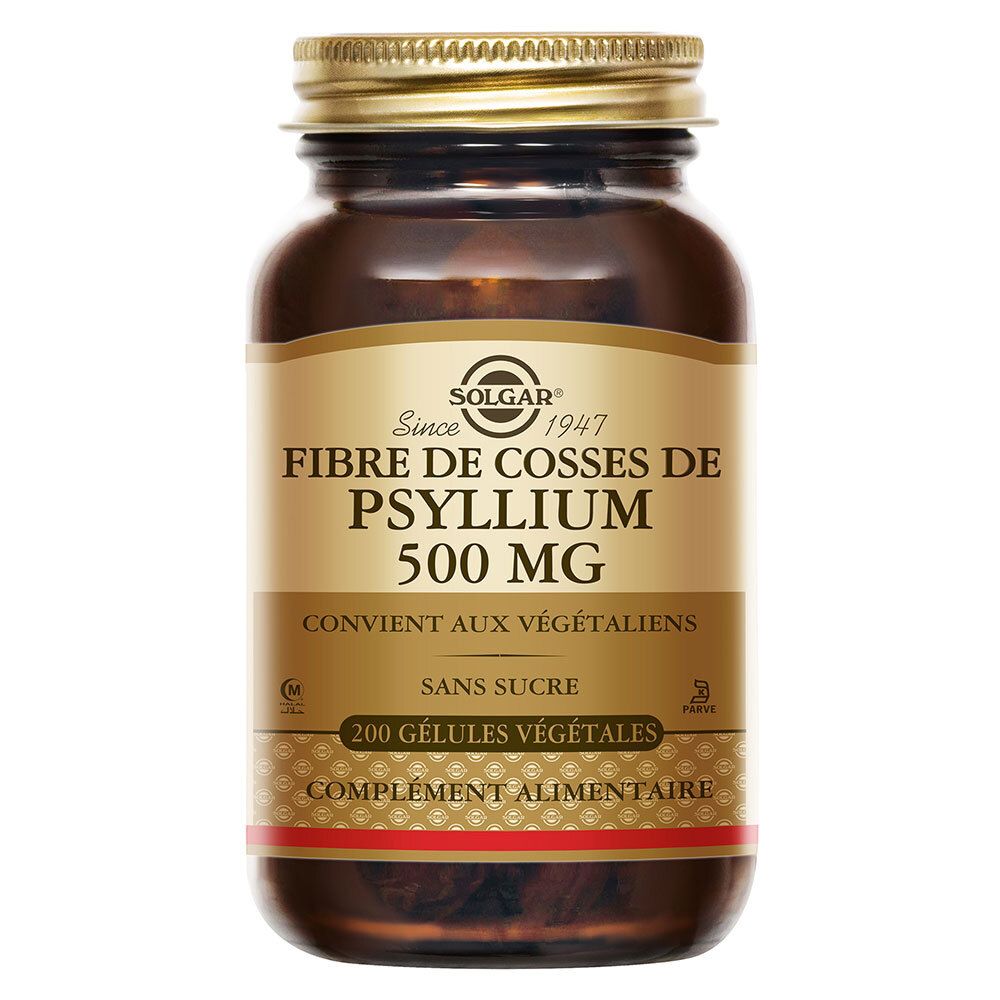 Flacon en verre brun avec couvercle doré. Étiquette SOLGAR, Fibre de cosses de psyllium 500 mg, 200 gélules.
