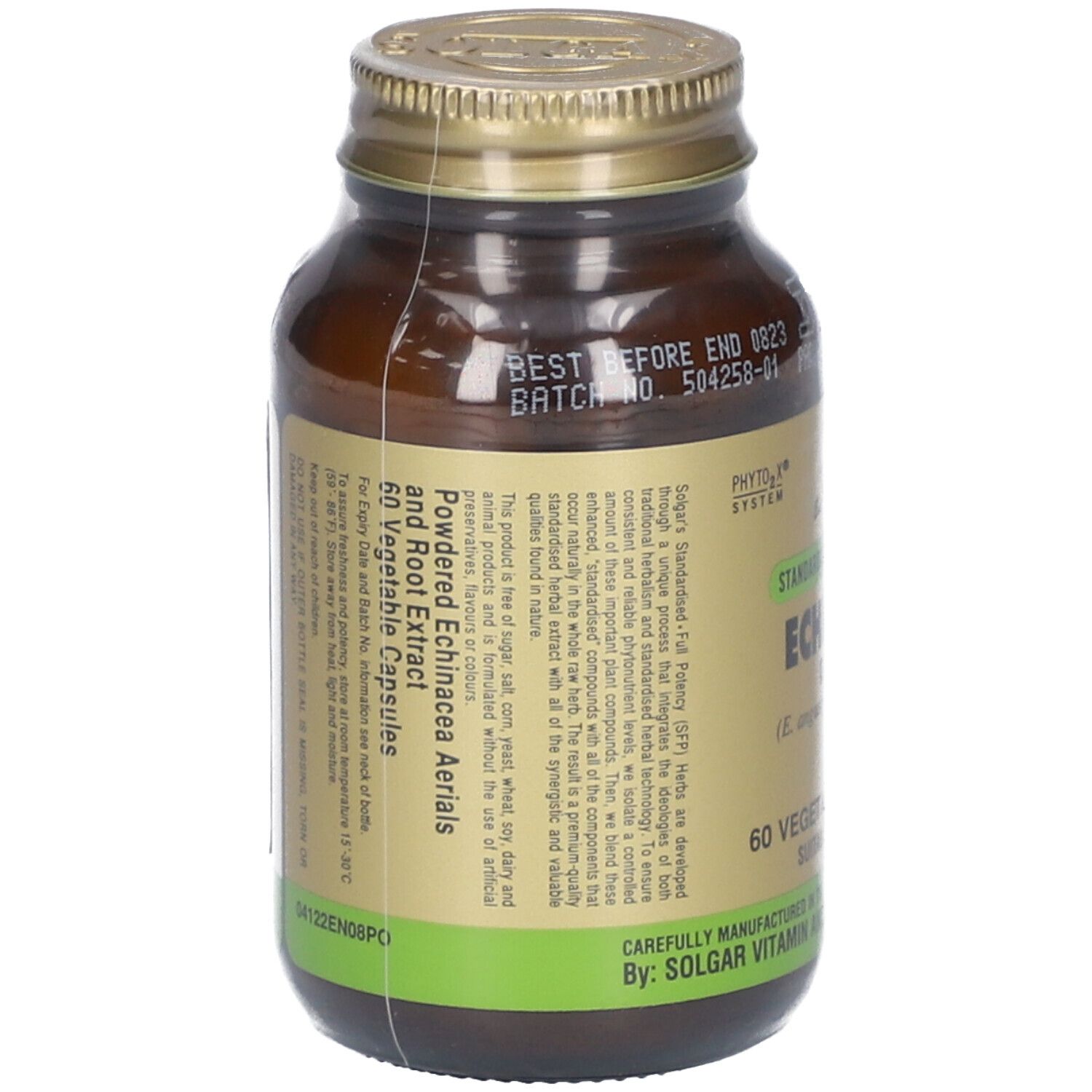 Flacon en verre brun avec couvercle doré. Étiquette avec informations sur le produit. Contient de l'extrait et de la racine d'échinacée. 60 gélules.