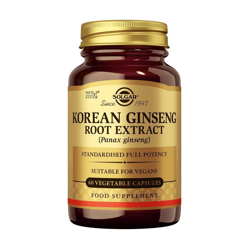 Flacon en verre brun avec bouchon doré. Étiquette avec texte: Korean Ginseng Root Extract, 60 capsules, Solgar.