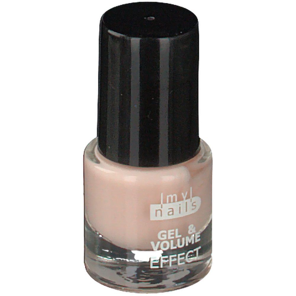 Flacon de vernis à ongles avec bouchon noir. Inscription : Imy nails, Gel & Volume Effect.