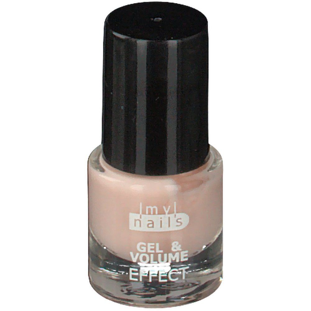 Flacon de vernis à ongles avec bouchon noir. Inscription : Imy nails, Gel & Volume Effect.