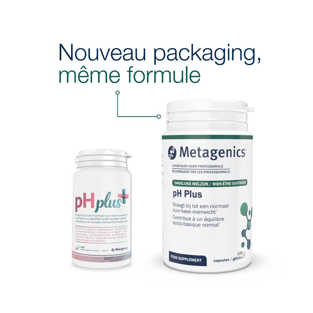 Flacon blanc pH plus+. Contient 120 gélules. Logo Metagenics.