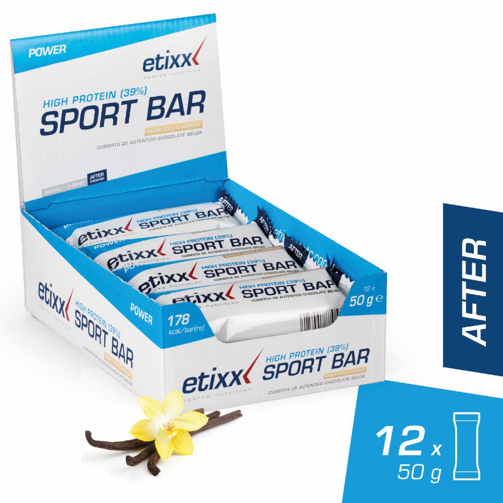 Boîte de barres Etixx Sport. Contient 12 barres. Inscription : High Protein, noix de coco vanille. Avec fleur et gousse de vanille.