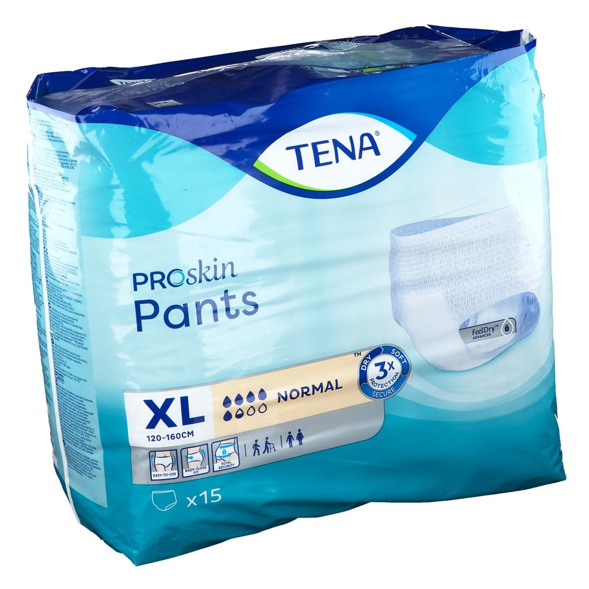 Paquet de TENA ProSkin Pants XL Normal. Taille XL, 120-160cm, 15 unités. Inscriptions: TENA, ProSkin Pants, Normal, 3x protection, FeelDry.