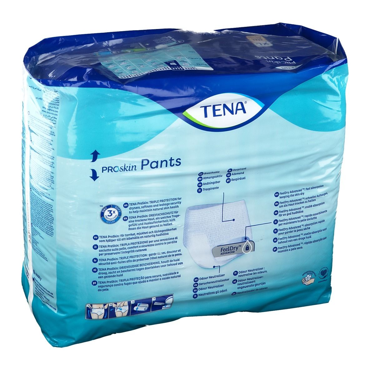 Dos du paquet de TENA ProSkin Pants. Inscriptions: TENA, ProSkin Pants, informations produit, FeelDry. Pictogrammes et texte multilingue.