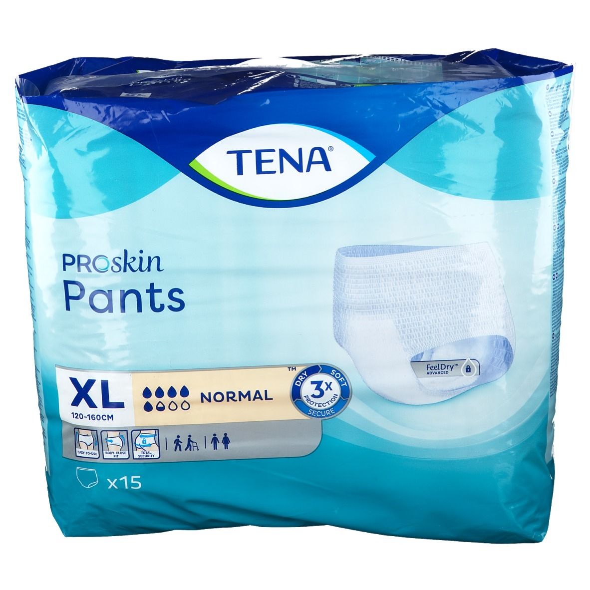 Paquet de TENA ProSkin Pants XL Normal. Taille XL, 120-160cm, 15 unités. Inscriptions: TENA, ProSkin Pants, Normal, 3x protection, FeelDry.