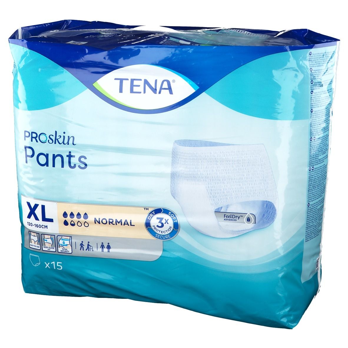 Paquet de TENA ProSkin Pants XL Normal. Taille XL, 120-160cm, 15 unités. Inscriptions: TENA, ProSkin Pants, Normal, 3x protection, FeelDry.