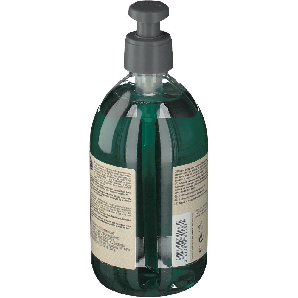 Savon liquide vert en flacon avec pompe. Dos avec texte et étiquette. Marque: Le Comptoir du Bain.