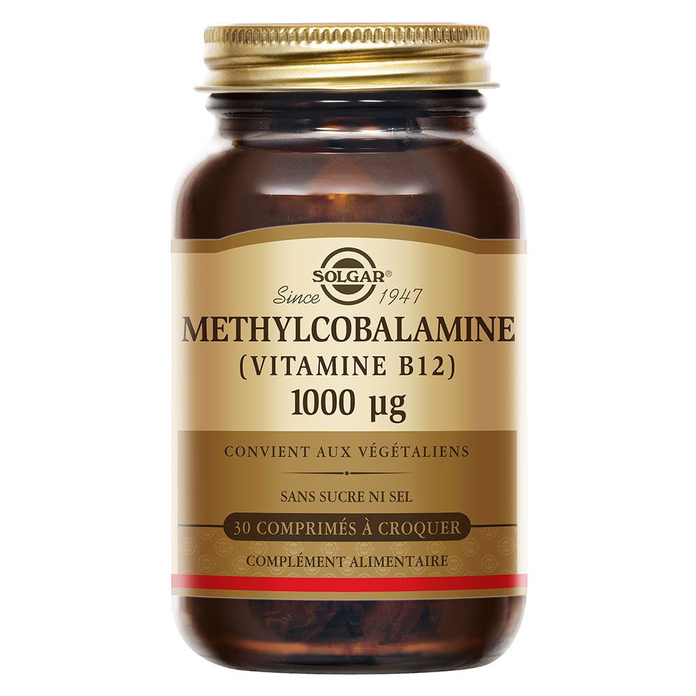 Flacon en verre brun avec bouchon à vis. Étiquette avec SOLGAR, Methylcobalamine (Vitamine B12) 1000 µg, 30 comprimés. Convient aux végétaliens.