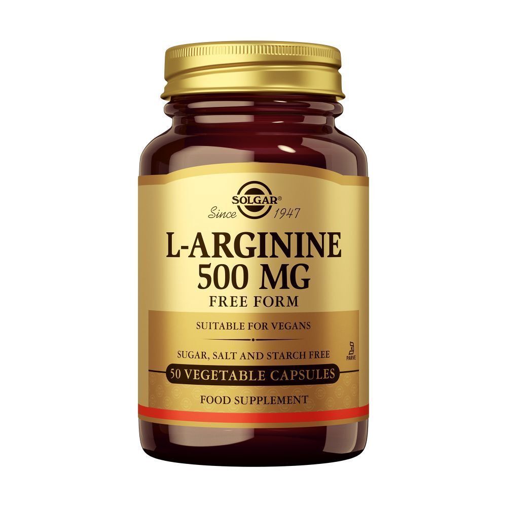 Flacon en verre brun avec bouchon doré. Étiquette L-Arginine 500 MG, 50 gélules. Convient aux végétaliens.