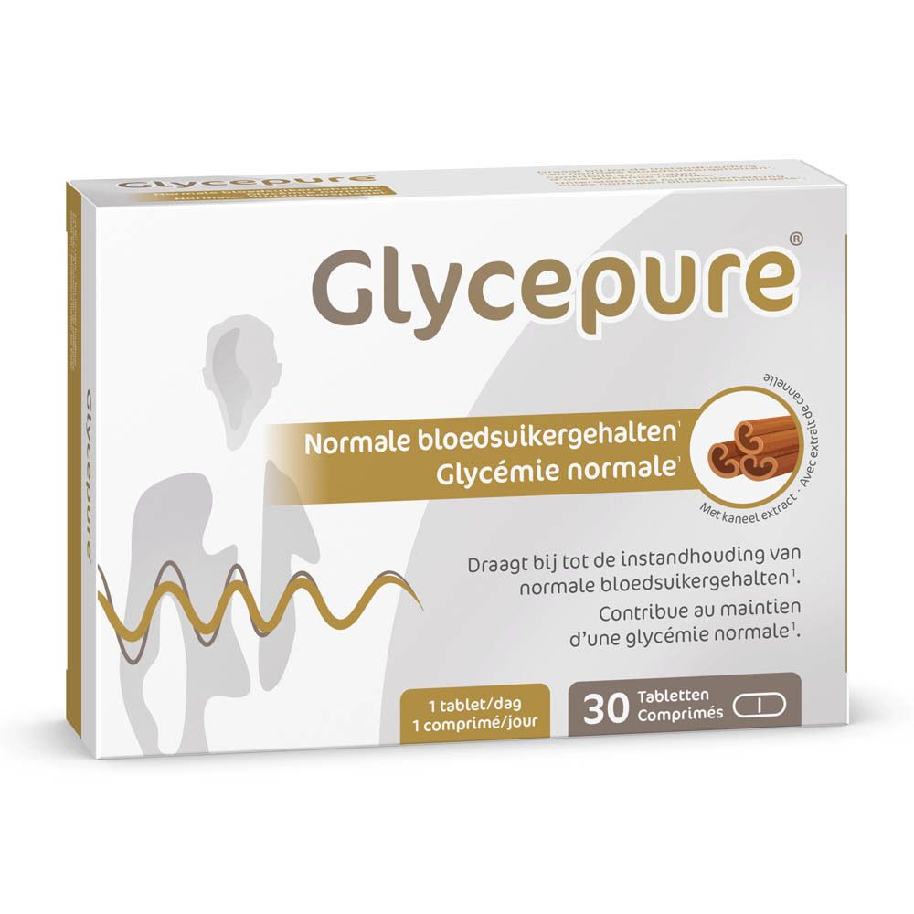 Boîte blanche Glycepure. Contient 30 comprimés. Texte en néerlandais et français. Illustration de cannelle.