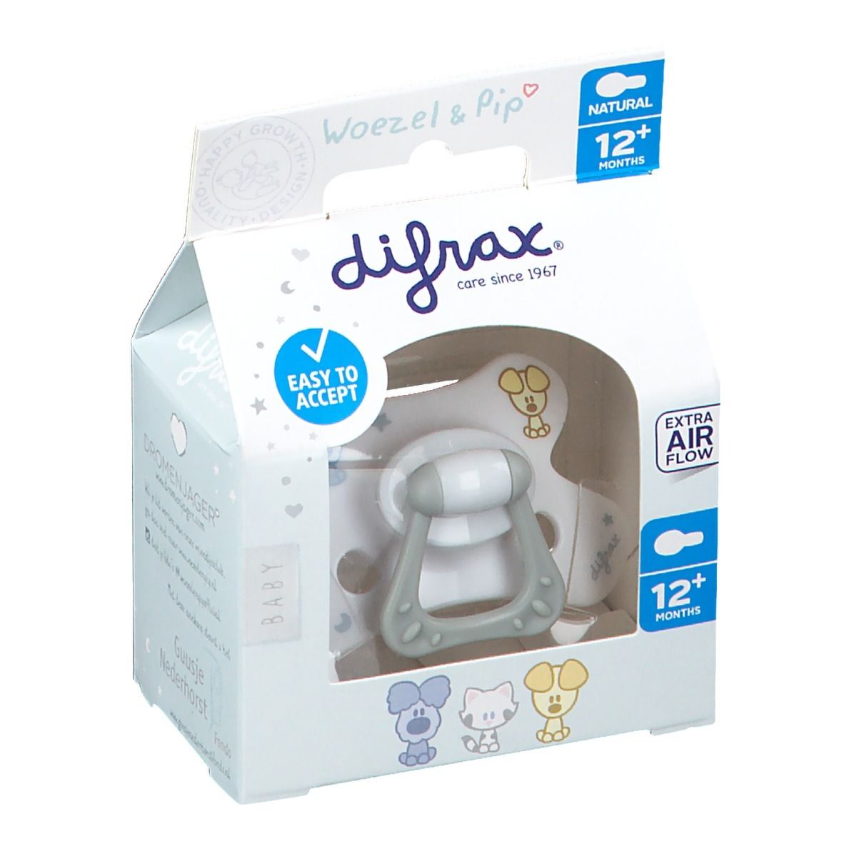 Emballage de sucette Difrax Natural 12 mois+. Sucette grise avec poignée. Fenêtre transparente.